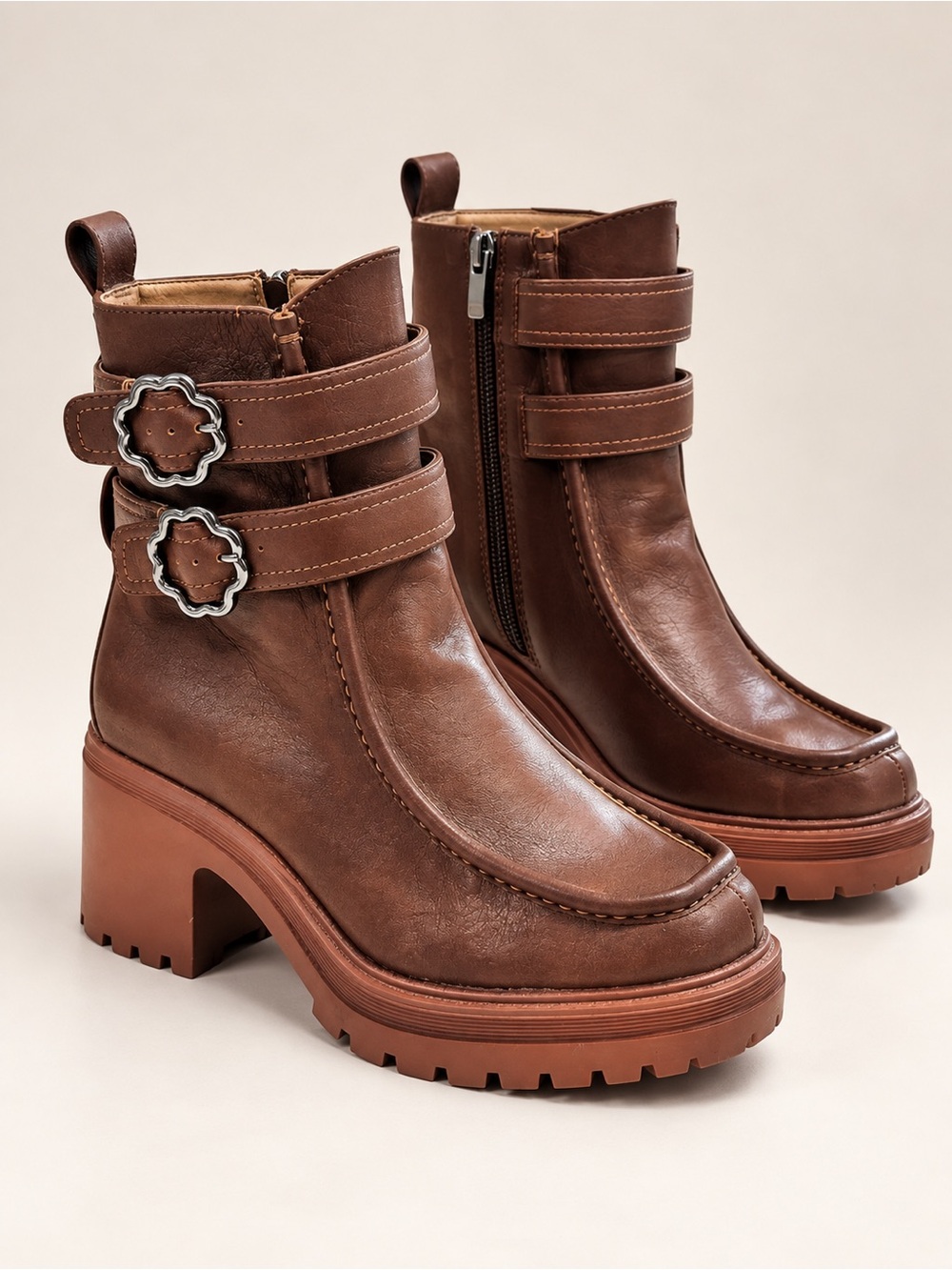 Sam and Libby Brown Double Strap Floral Buckle Chunky Block Heel Boots 9.5M